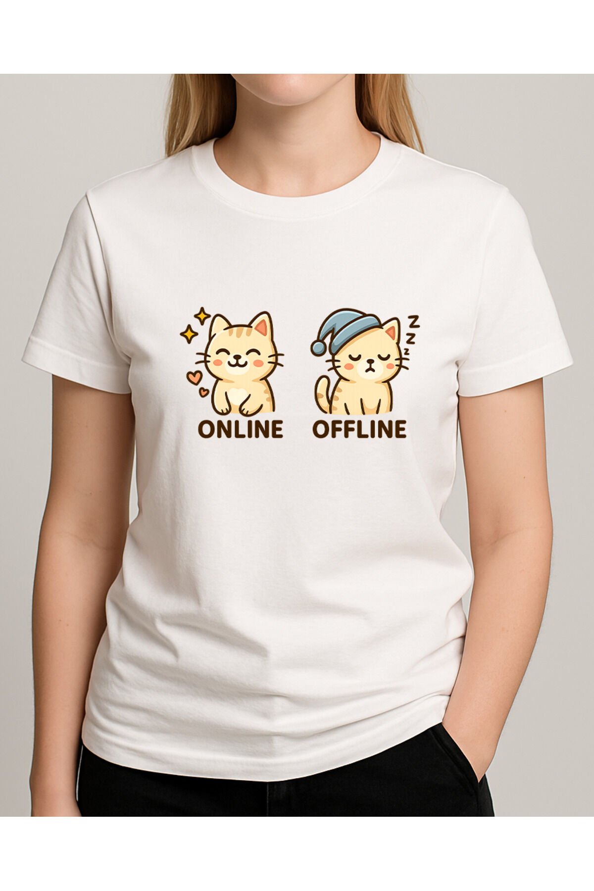 Tişört Unisex (Krem Kedi İkili) Kadin Beyaz - M