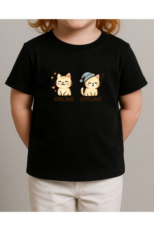 Tişört Unisex Çocuk (Krem Kedi İkili) Kiz Si̇yah - 10-11 Yaş
