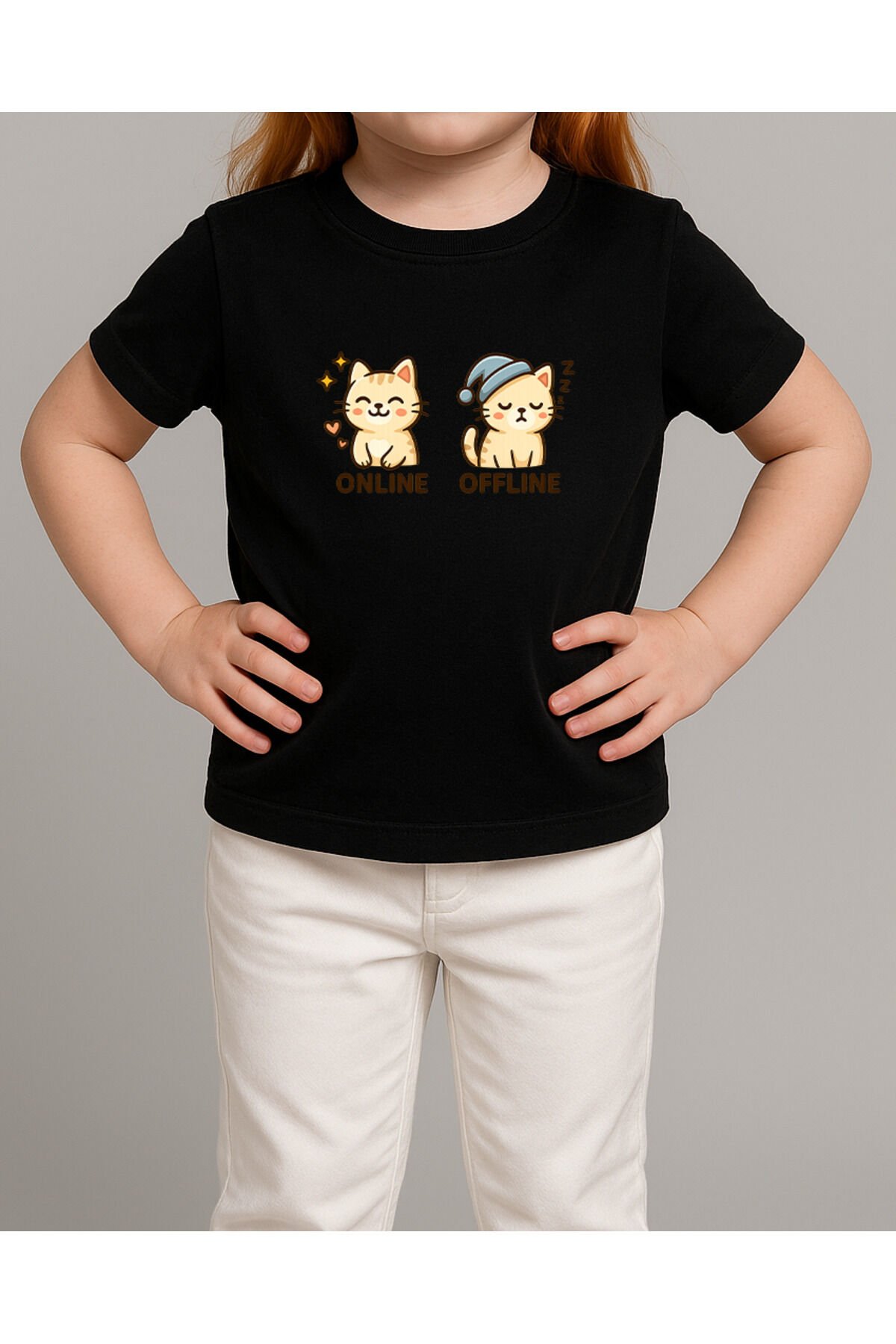 Tişört Unisex Çocuk (Krem Kedi İkili) Kiz Si̇yah - 10-11 Yaş