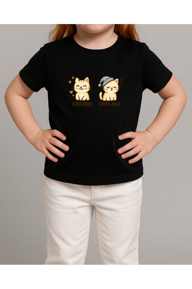 Tişört Unisex Çocuk (Krem Kedi İkili) Kiz Si̇yah - 10-11 Yaş