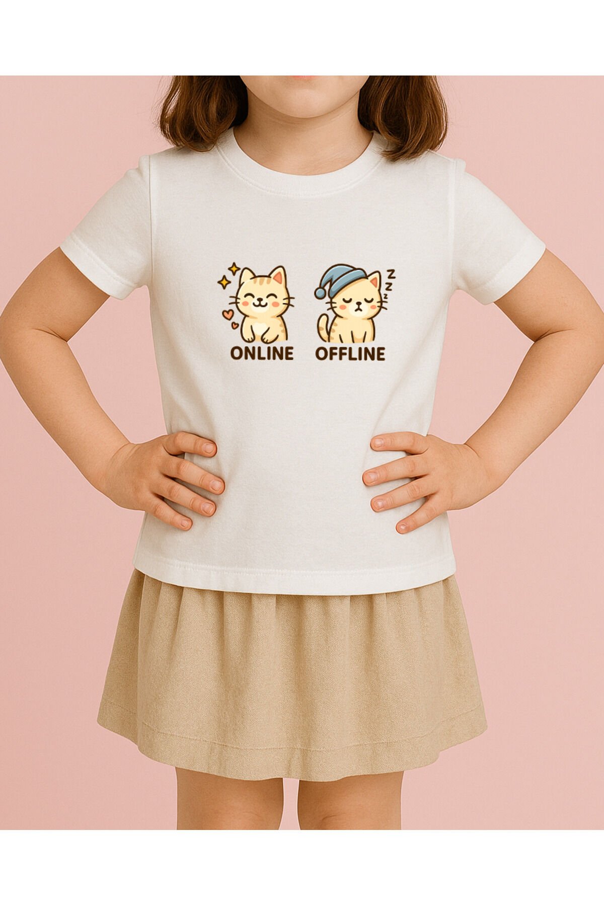 Tişört Unisex Çocuk (Krem Kedi İkili) Kiz Beyaz - 10-11 Yaş