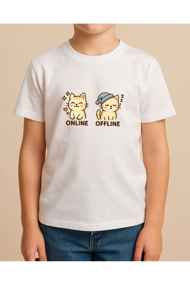 Tişört Unisex Çocuk (Krem Kedi İkili) Erkek Beyaz - 10-11 Yaş