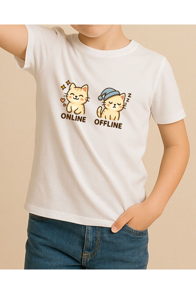 Tişört Unisex Çocuk (Krem Kedi İkili) Erkek Beyaz - 10-11 Yaş