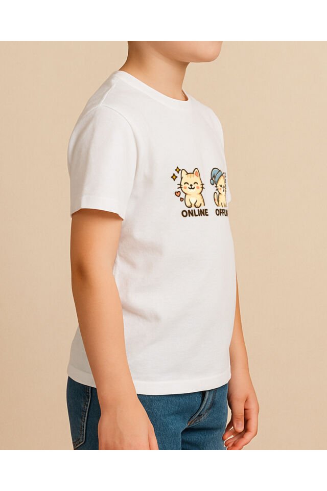 Tişört Unisex Çocuk (Krem Kedi İkili) Erkek Beyaz - 4-5 Yaş
