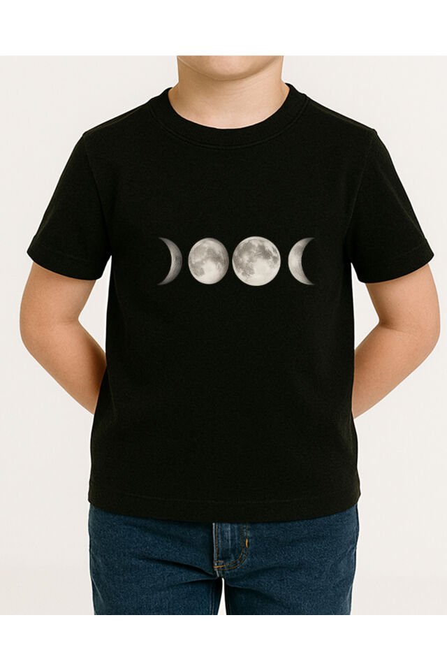 Tişört Unisex Çocuk (Ay Çizgi) Erkek Si̇yah - 4-5 Yaş