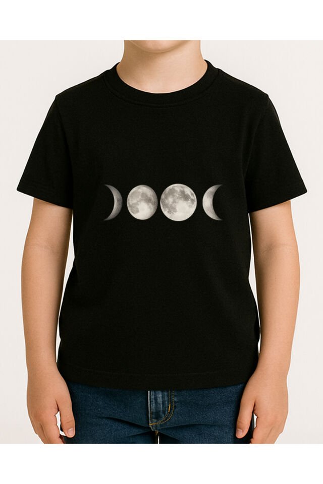 Tişört Unisex Çocuk (Ay Çizgi) Erkek Si̇yah - 10-11 Yaş