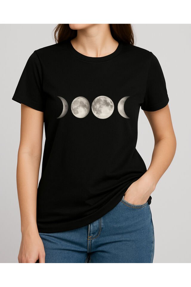 Tişört Unisex (Ay Çizgi Çoklu) Kadin Si̇yah - S
