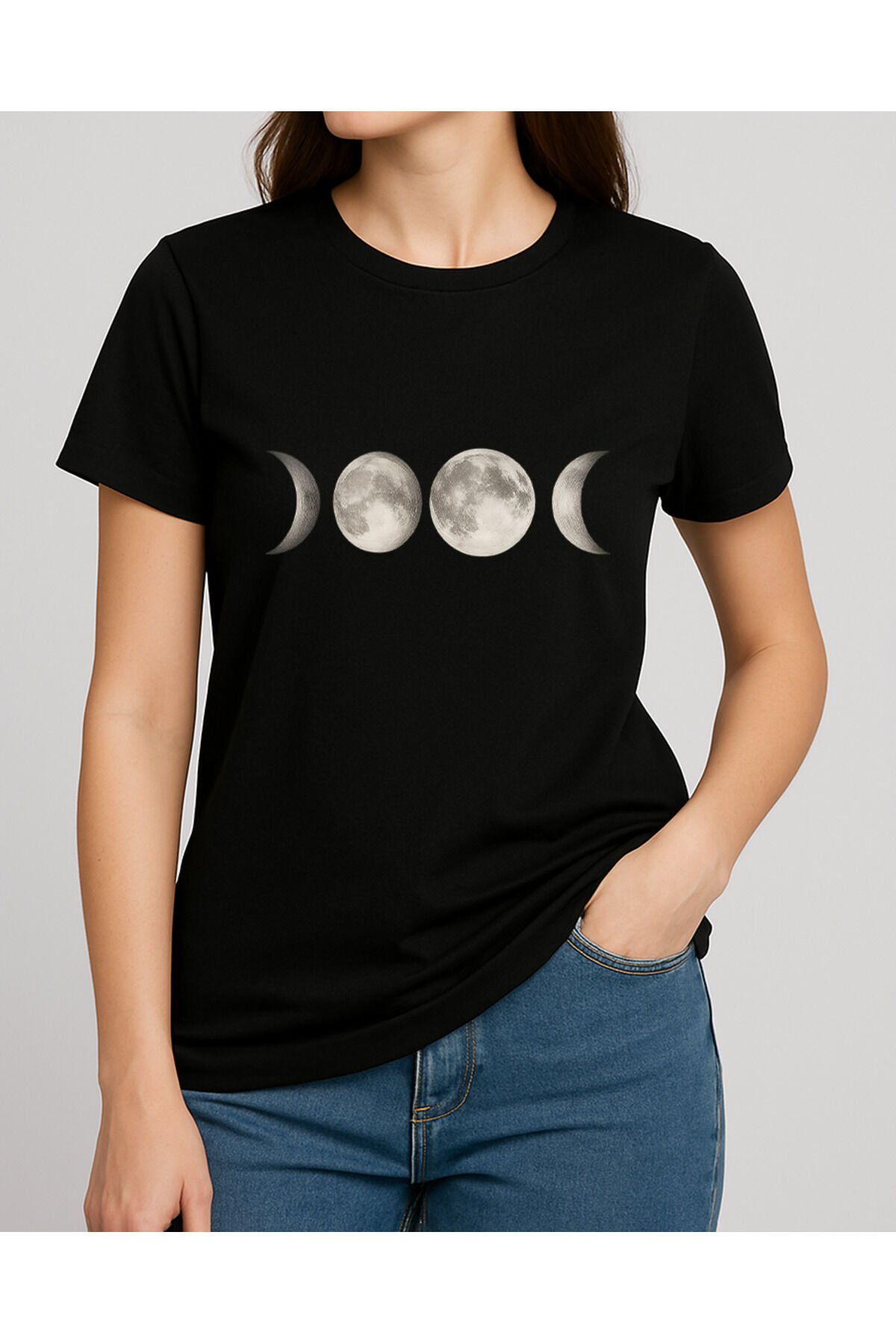 Tişört Unisex (Ay Çizgi Çoklu) Kadin Si̇yah - M