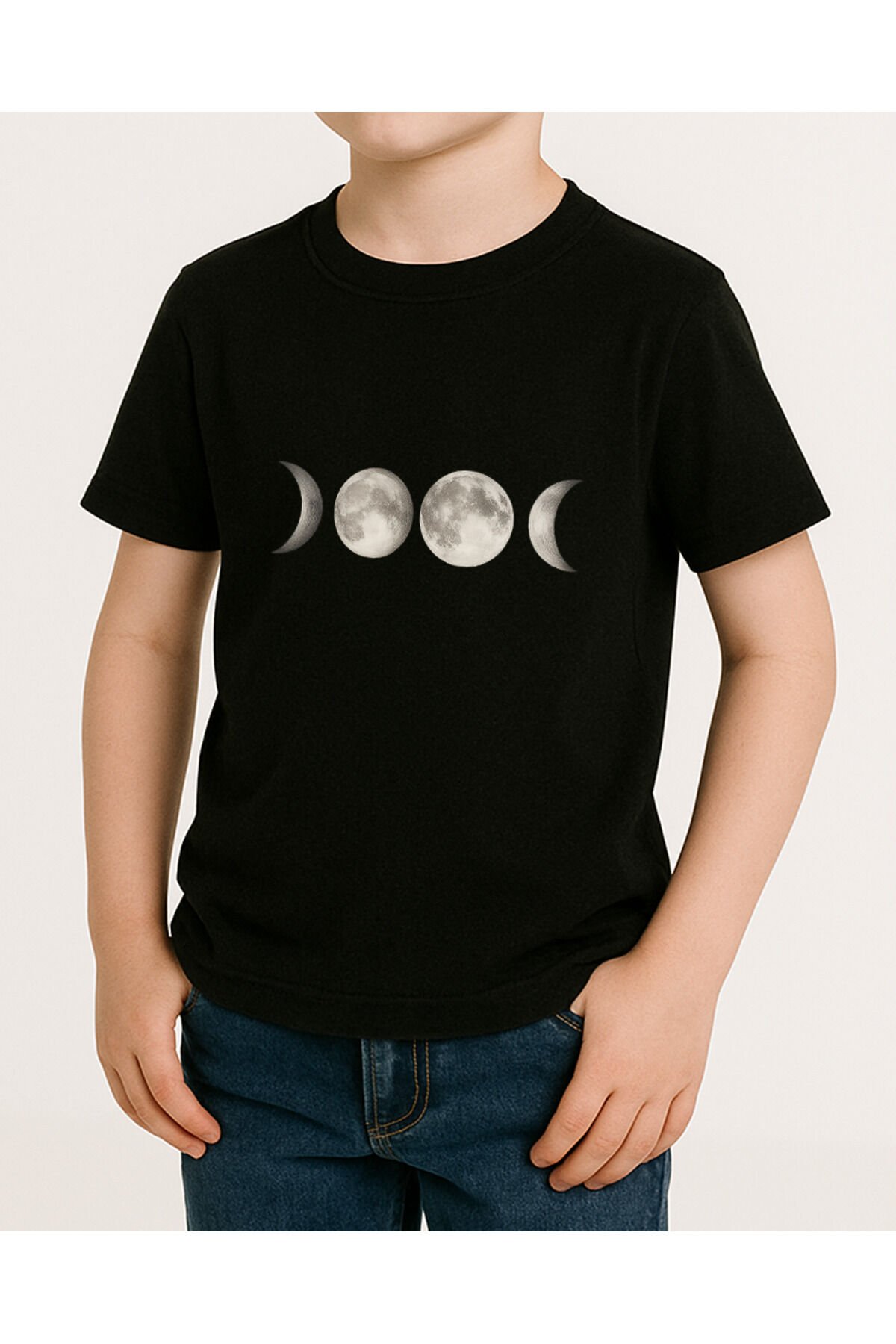Tişört Unisex Çocuk (Ay Çizgi Çoklu) Erkek Si̇yah - 10-11 Yaş