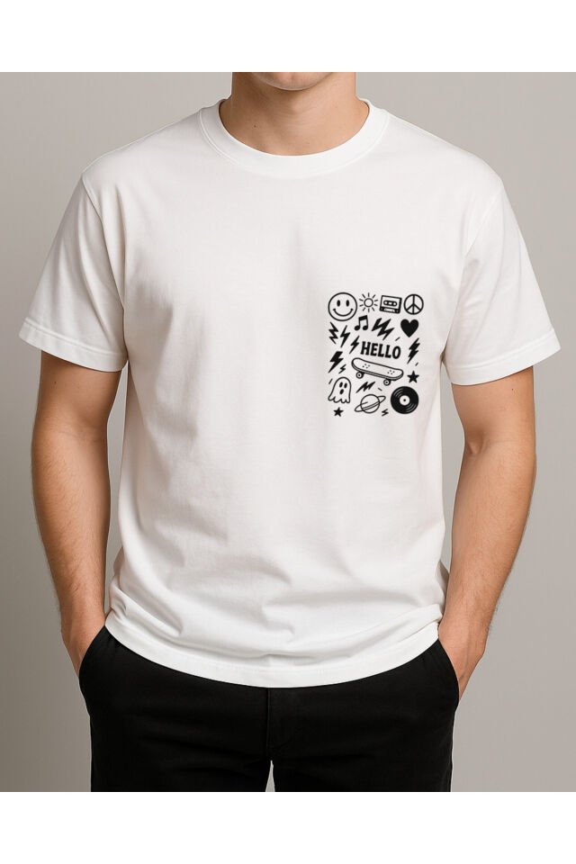 Tişört Unisex (Hello) Erkek Beyaz - XL