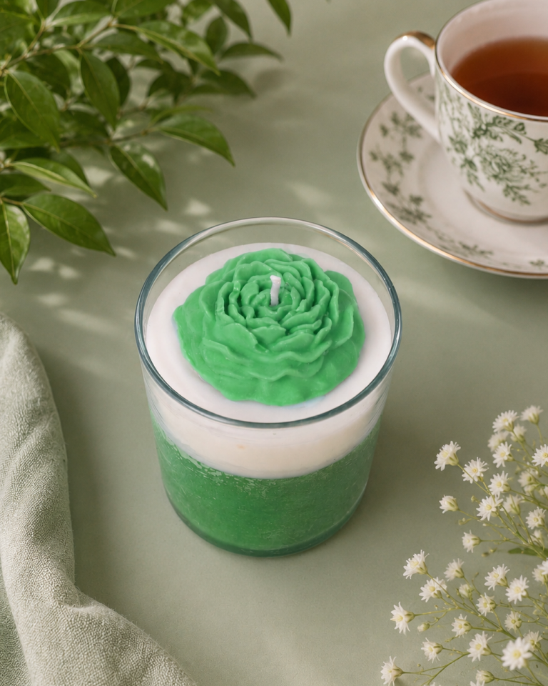 Gül Detaylı Kokulu Jel Mum Yeşil