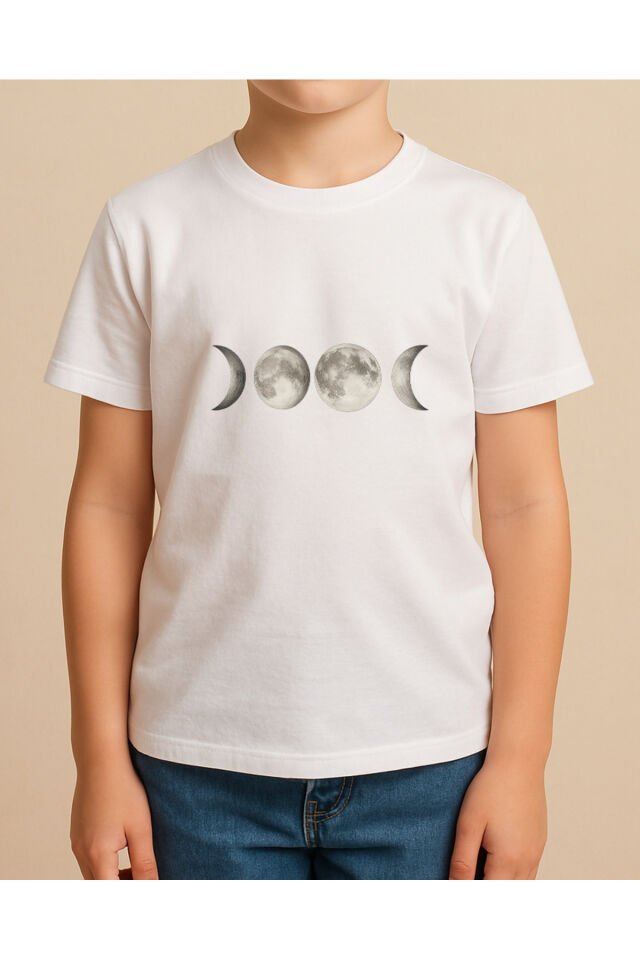 Tişört Unisex Çocuk (Ay Çizgi Çoklu) Erkek Beyaz - 4-5 Yaş