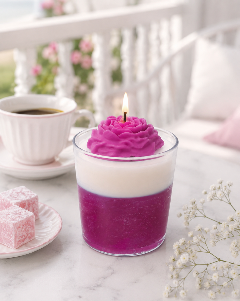 Gül Detaylı Kokulu Jel Mum Pembe
