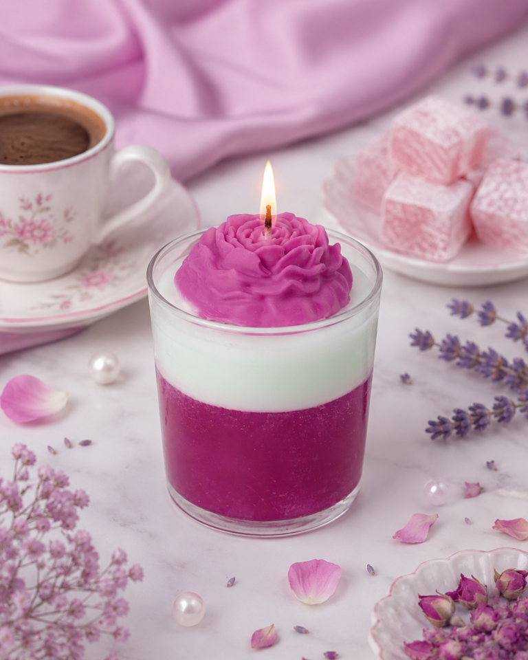 Gül Detaylı Kokulu Jel Mum Pembe