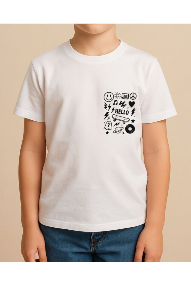 Tişört Unisex Çocuk (Hello) Erkek Beyaz - 4-5 Yaş