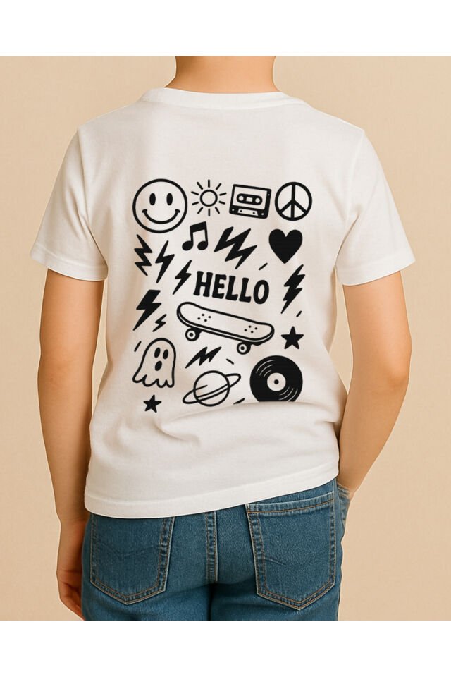 Tişört Unisex Çocuk (Hello) Erkek Beyaz - 4-5 Yaş