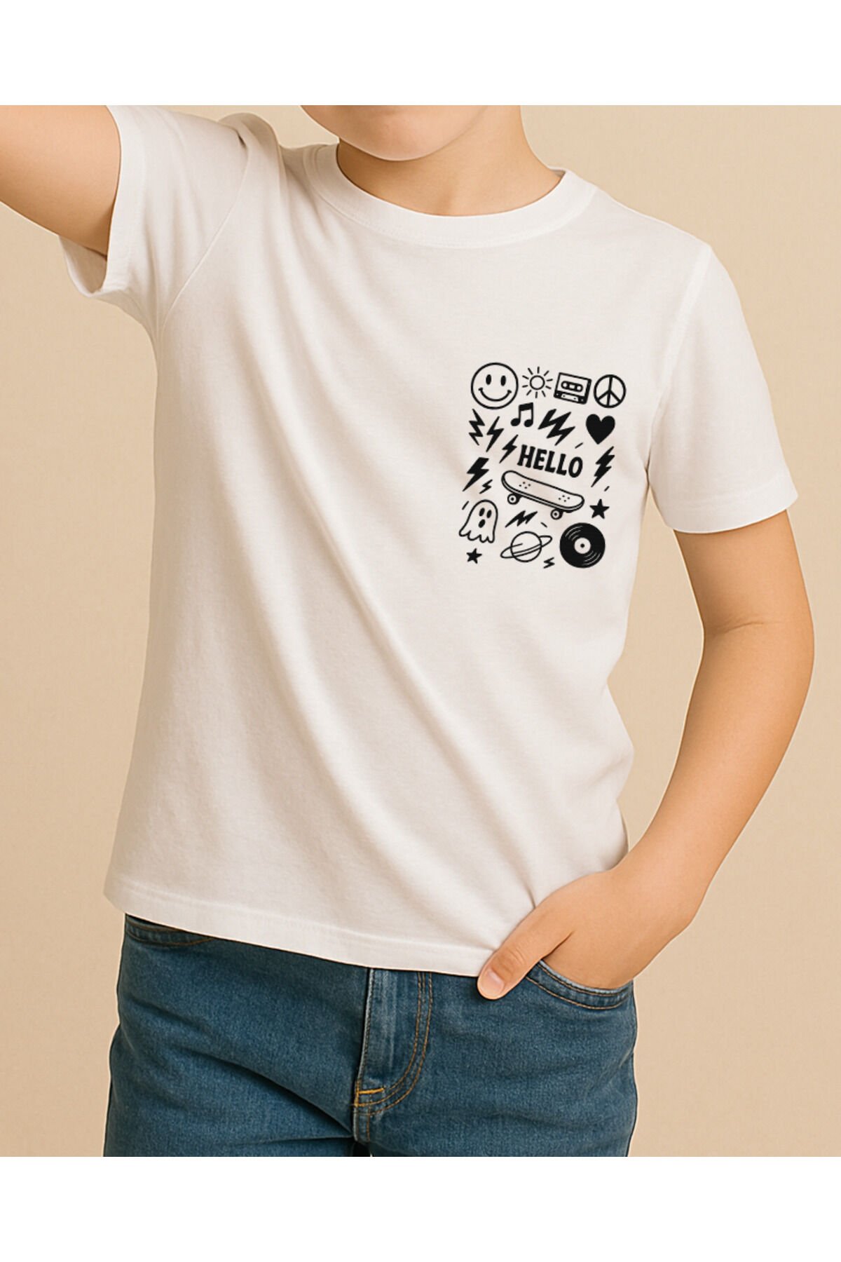 Tişört Unisex Çocuk (Hello) Erkek Beyaz - 4-5 Yaş