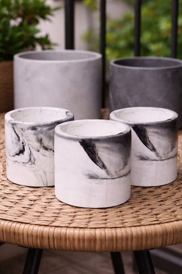 Mermer Desenli Beton Saksı Takımı