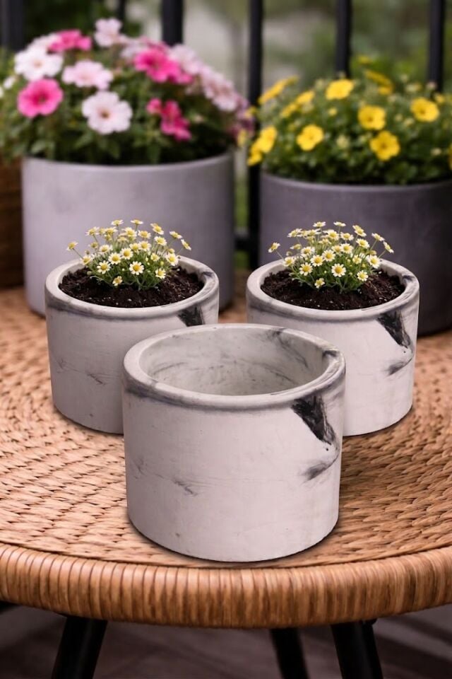 Mermer Desenli Beton Saksı Takımı