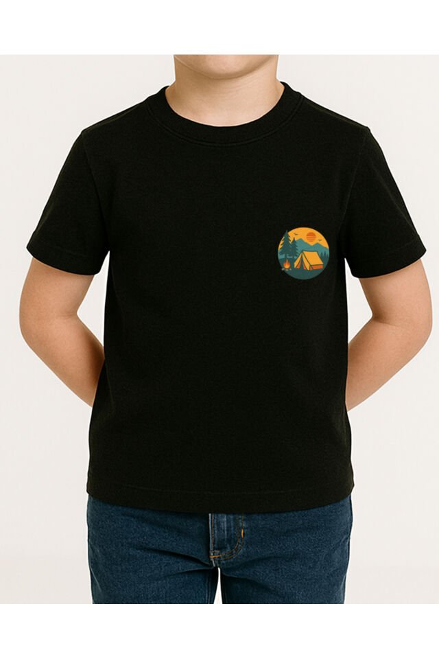 Tişört Unisex Çocuk (Kamp) Erkek Si̇yah - 10-11 Yaş