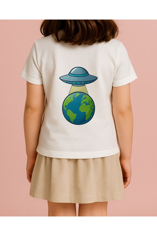 Tişört Unisex Çocuk (Dünya Ufo) Kiz Beyaz - 10-11 Yaş