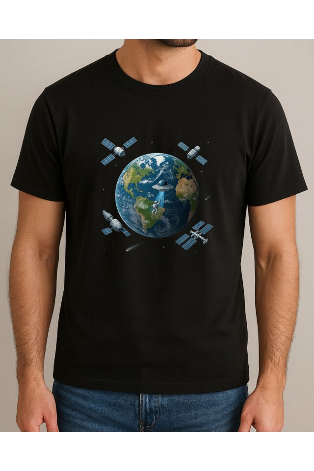 Tişört Unisex (Dünya Uydu) Erkek Si̇yah - XL