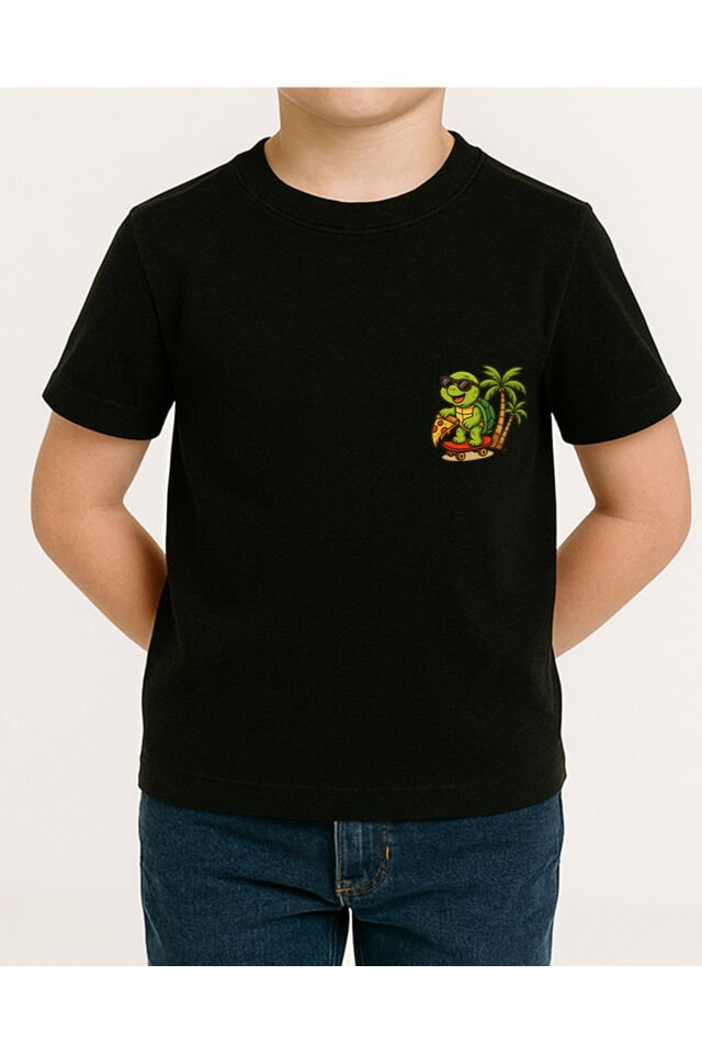 Tişört Unisex Çocuk (Kaplumbağa) Erkek Si̇yah - 10-11 Yaş