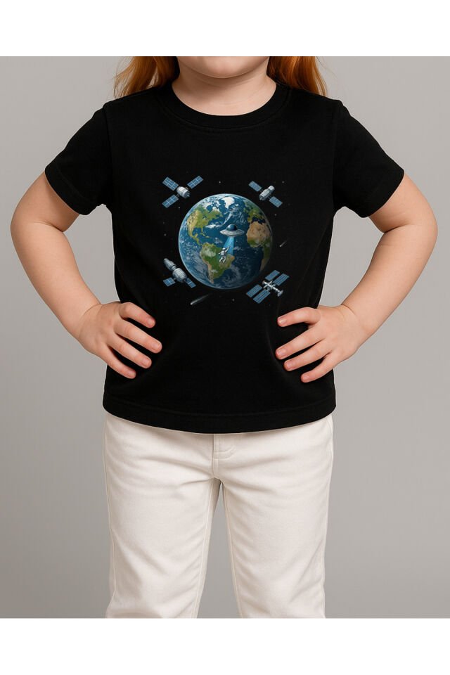 Tişört Unisex Çocuk (Dünya Uydu) Kiz Si̇yah - 4-5 Yaş