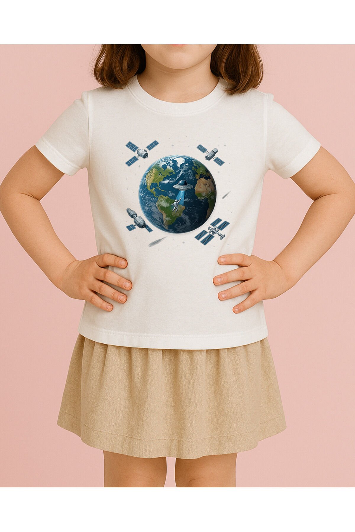 Tişört Unisex Çocuk (Dünya Uydu) Kiz Beyaz - 10-11 Yaş