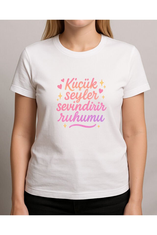 Tişört Unisex (Pembe Yazı) Kadin Beyaz - M