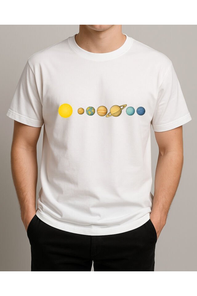 Tişört Unisex (Gezegenler Çizgi) Erkek Beyaz - S