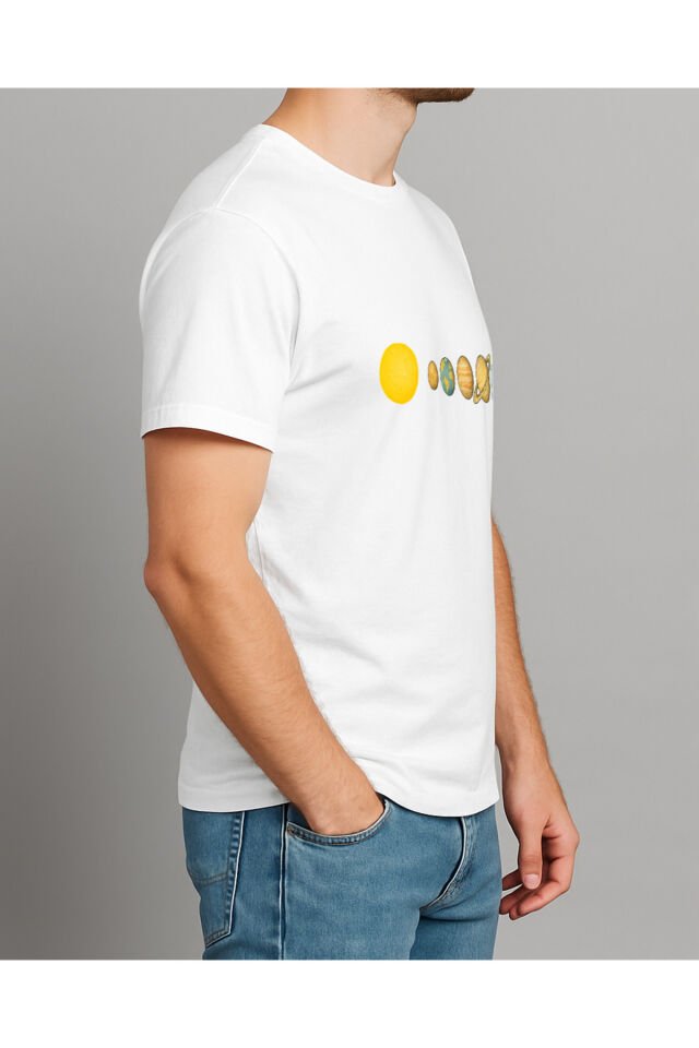 Tişört Unisex (Gezegenler Çizgi) Erkek Beyaz - S