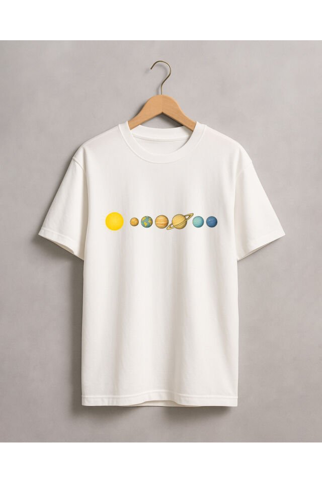 Tişört Unisex (Gezegenler Çizgi) Erkek Beyaz - 2XL