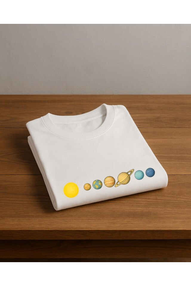 Tişört Unisex (Gezegenler Çizgi) Kadin Beyaz - XL