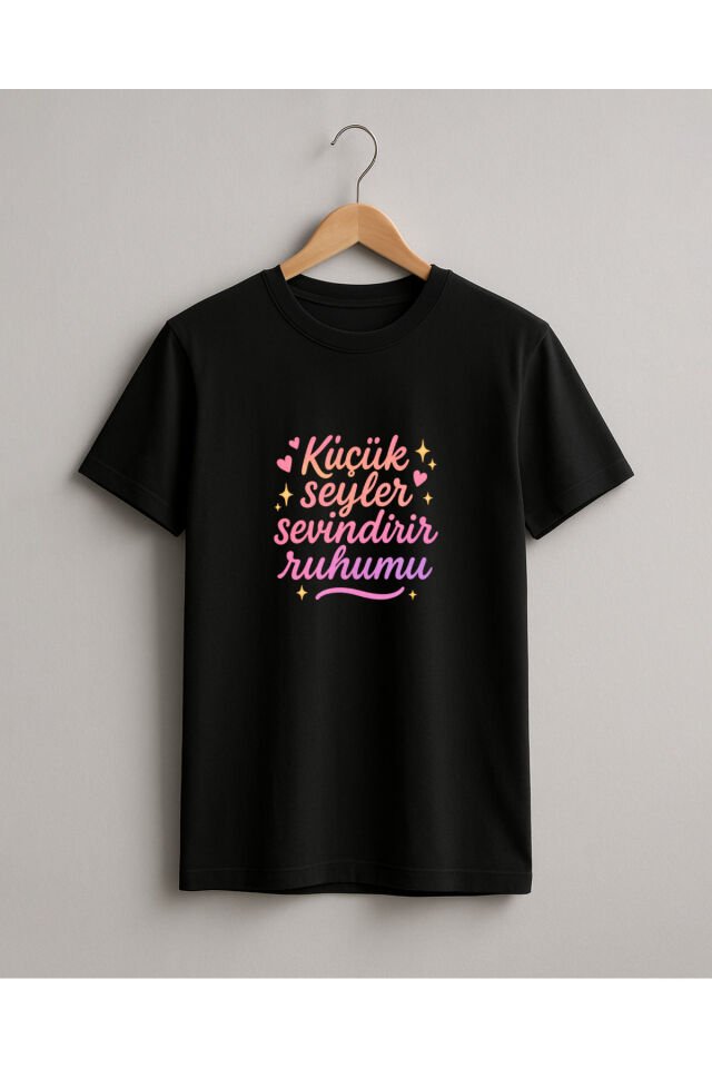 Tişört Unisex (Pembe Yazı) Kadin Si̇yah - L