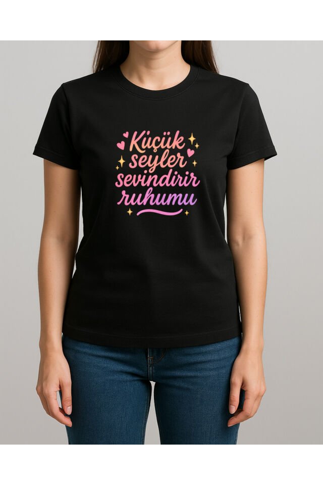 Tişört Unisex (Pembe Yazı) Kadin Si̇yah - XL