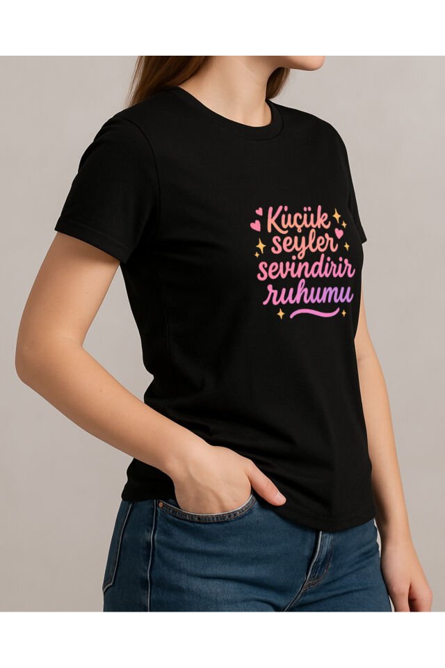 Tişört Unisex (Pembe Yazı) Kadin Si̇yah - XL