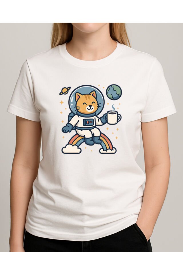 Tişört Unisex (Kedi Astronot) Kadin Beyaz - 2XL