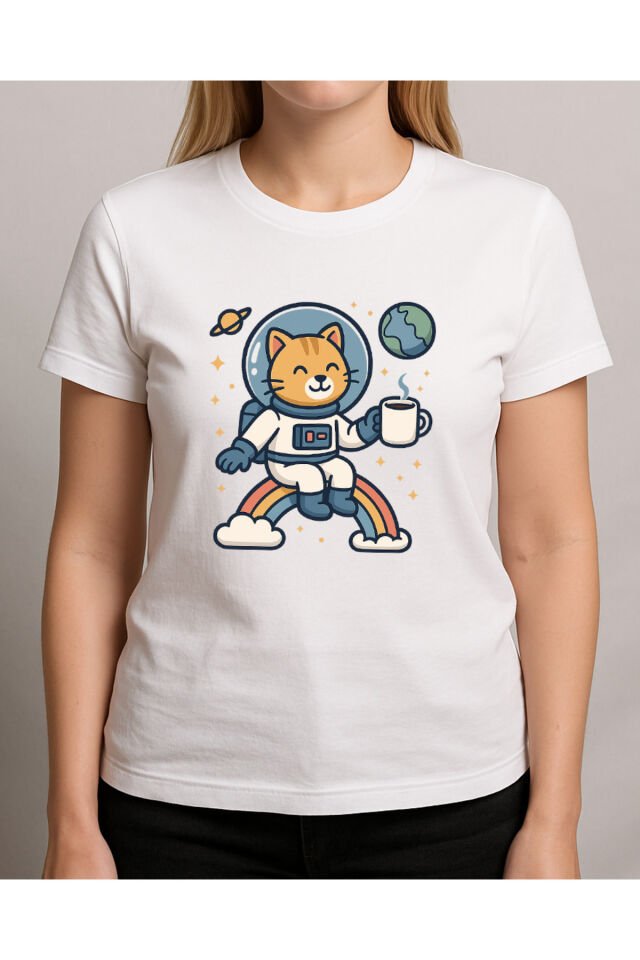 Tişört Unisex (Kedi Astronot) Kadin Beyaz - L