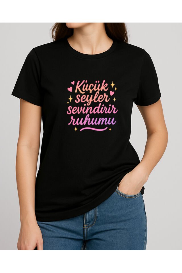 Tişört Unisex (Pembe Yazı) Kadin Si̇yah - S