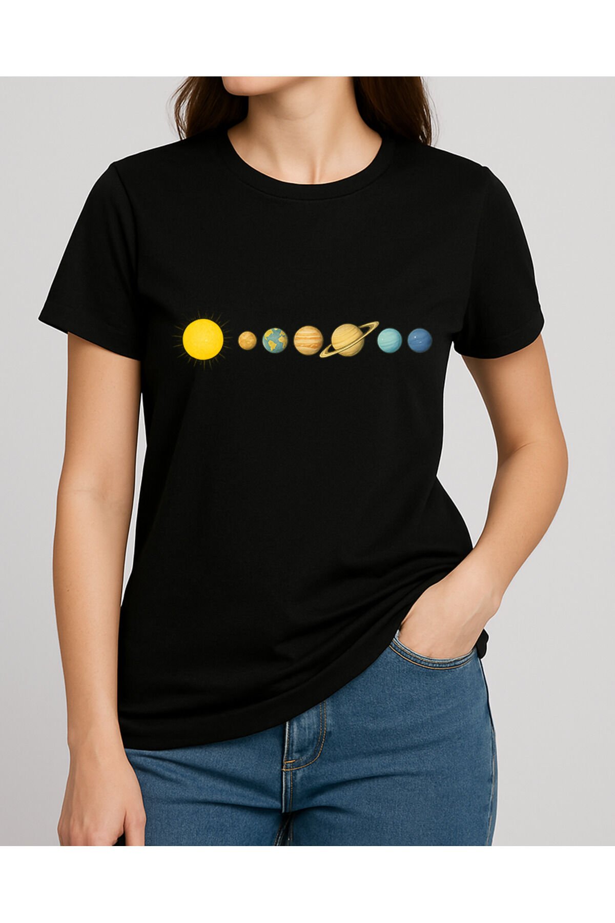 Tişört Unisex (Gezegenler Çizgi) Kadin Si̇yah - 2XL