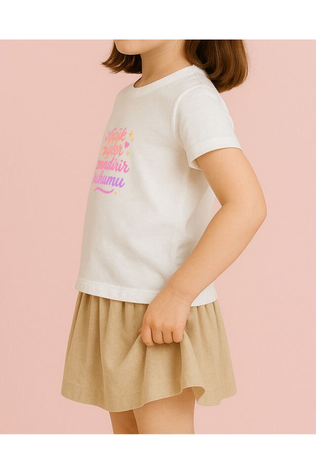 Tişört Unisex Çocuk (Pembe Yazı) Kiz Beyaz - 4-5 Yaş