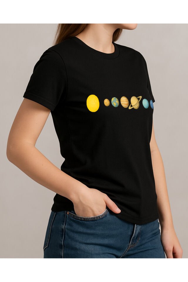 Tişört Unisex (Gezegenler Çizgi) Kadin Si̇yah - S