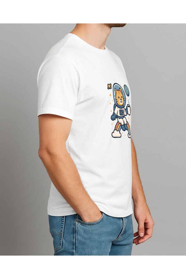 Tişört Unisex (Kedi Astronot) Erkek Beyaz - 2XL