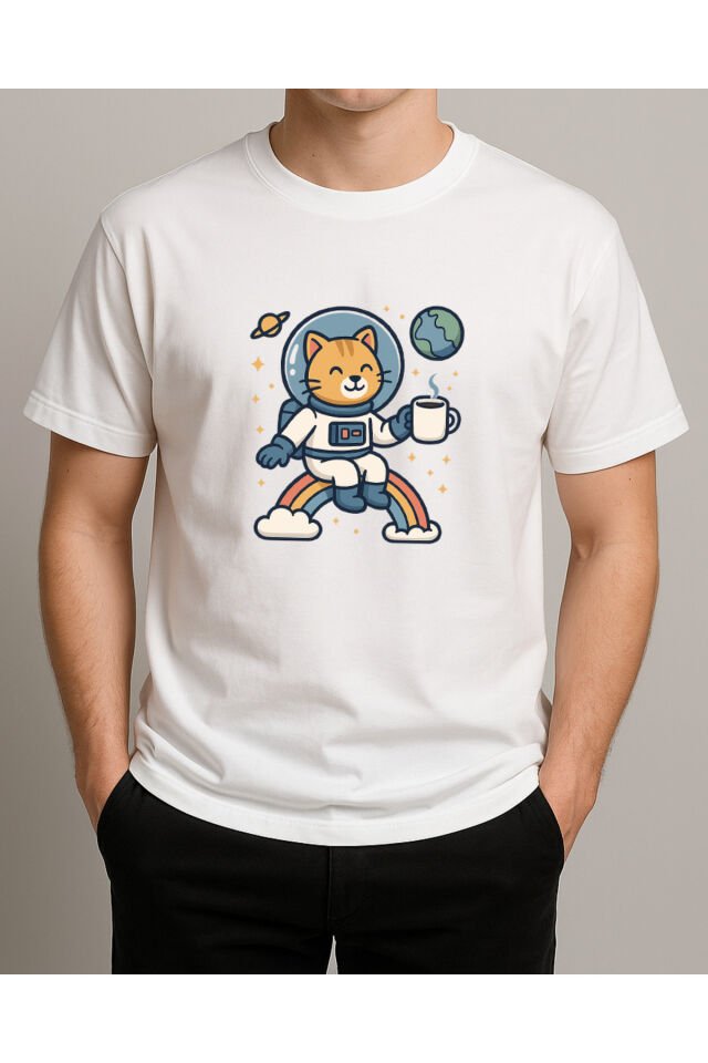 Tişört Unisex (Kedi Astronot) Erkek Beyaz - M