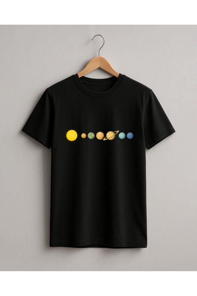 Tişört Unisex (Gezegenler Çizgi) Erkek Si̇yah - S