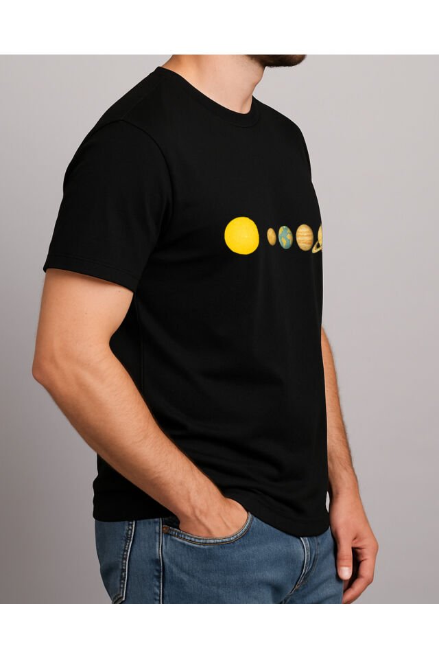 Tişört Unisex (Gezegenler Çizgi) Erkek Si̇yah - S