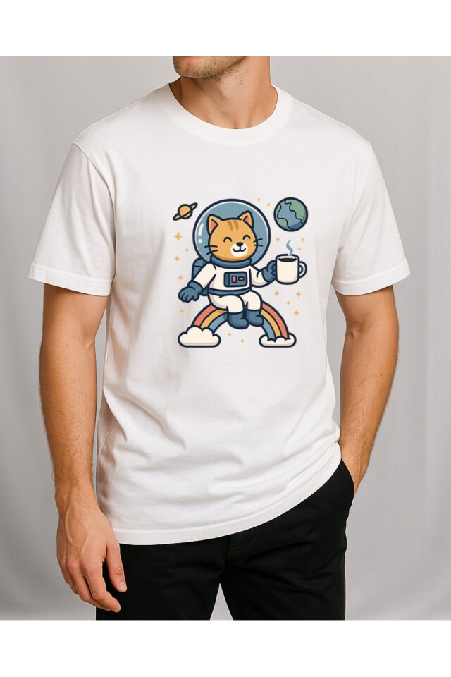 Tişört Unisex (Kedi Astronot) Erkek Beyaz - 10-11 Yaş
