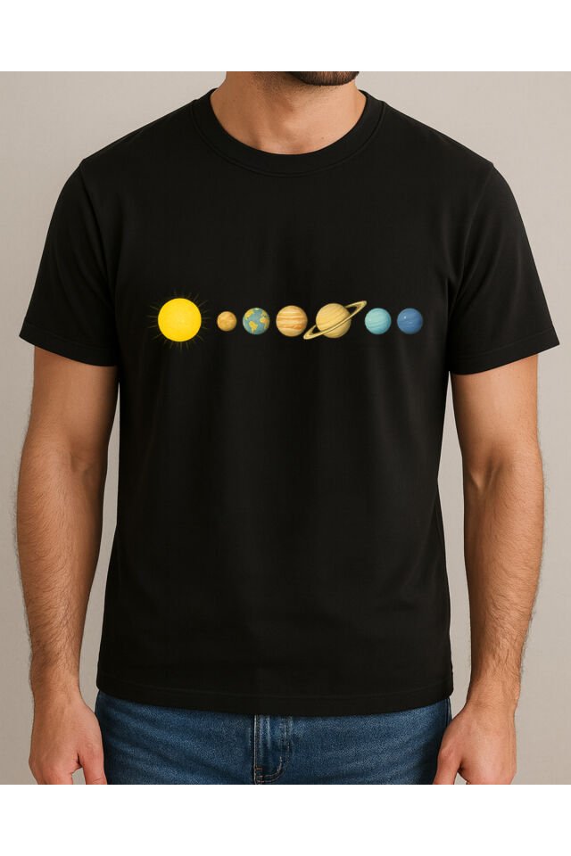 Tişört Unisex (Gezegenler Çizgi) Erkek Si̇yah - XL