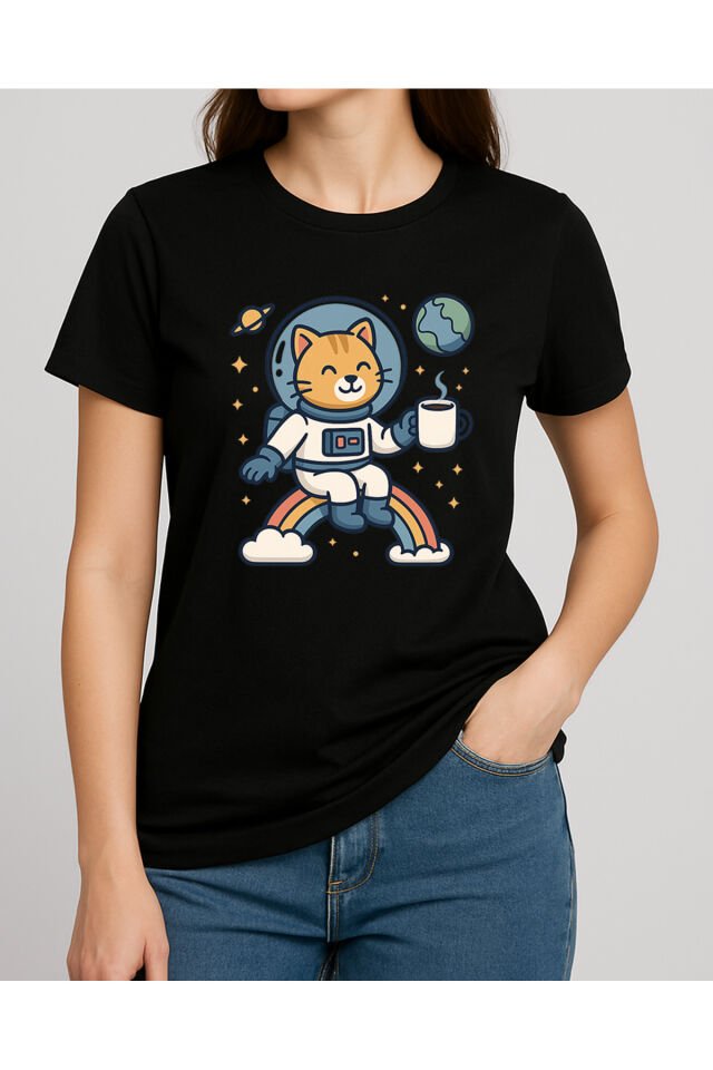 Tişört Unisex (Kedi Astronot) Kadin Si̇yah - S